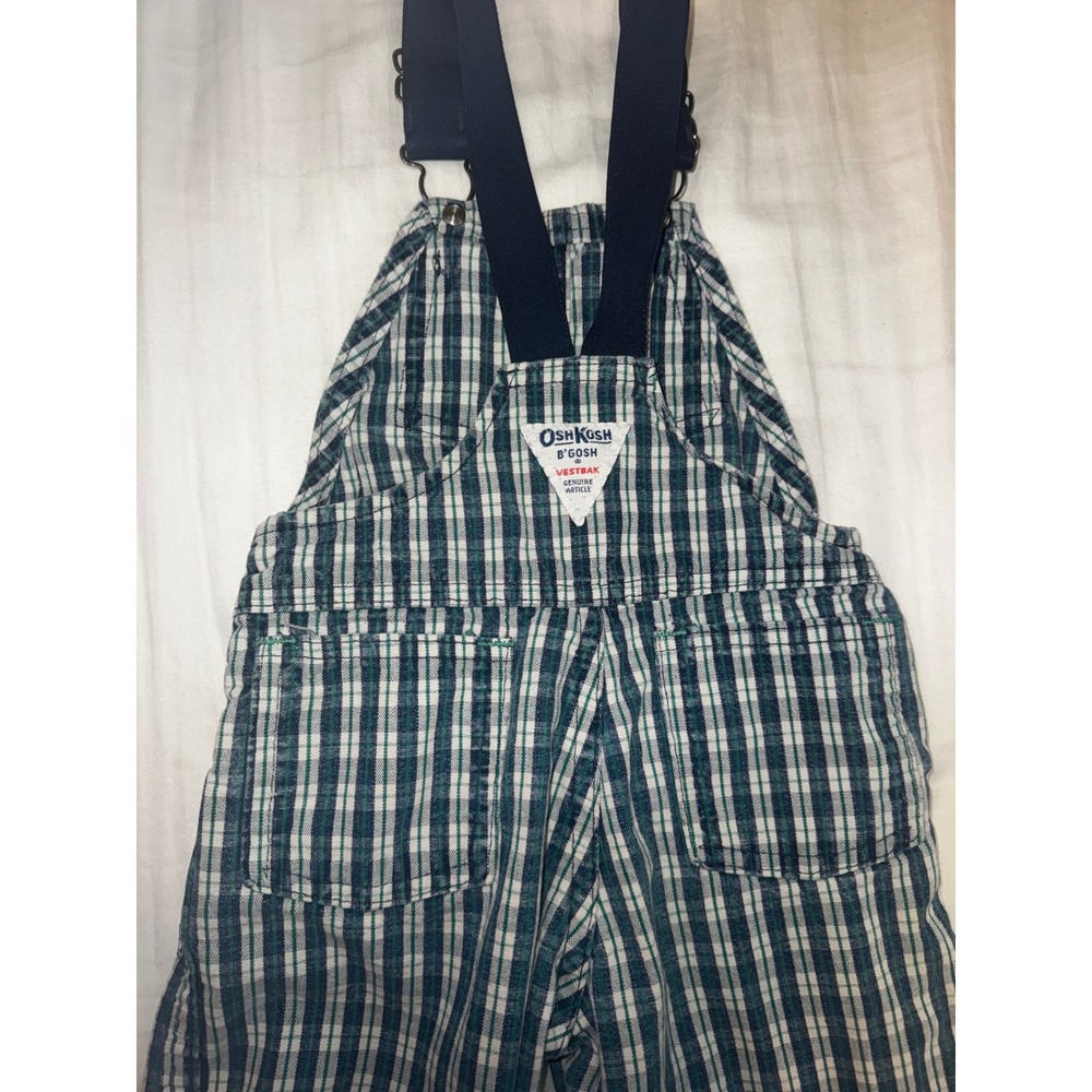 Vintage OshKosh Bgosh Vestbak Plaid Overalls Blue Green USA 2T - Picture 3 of 5